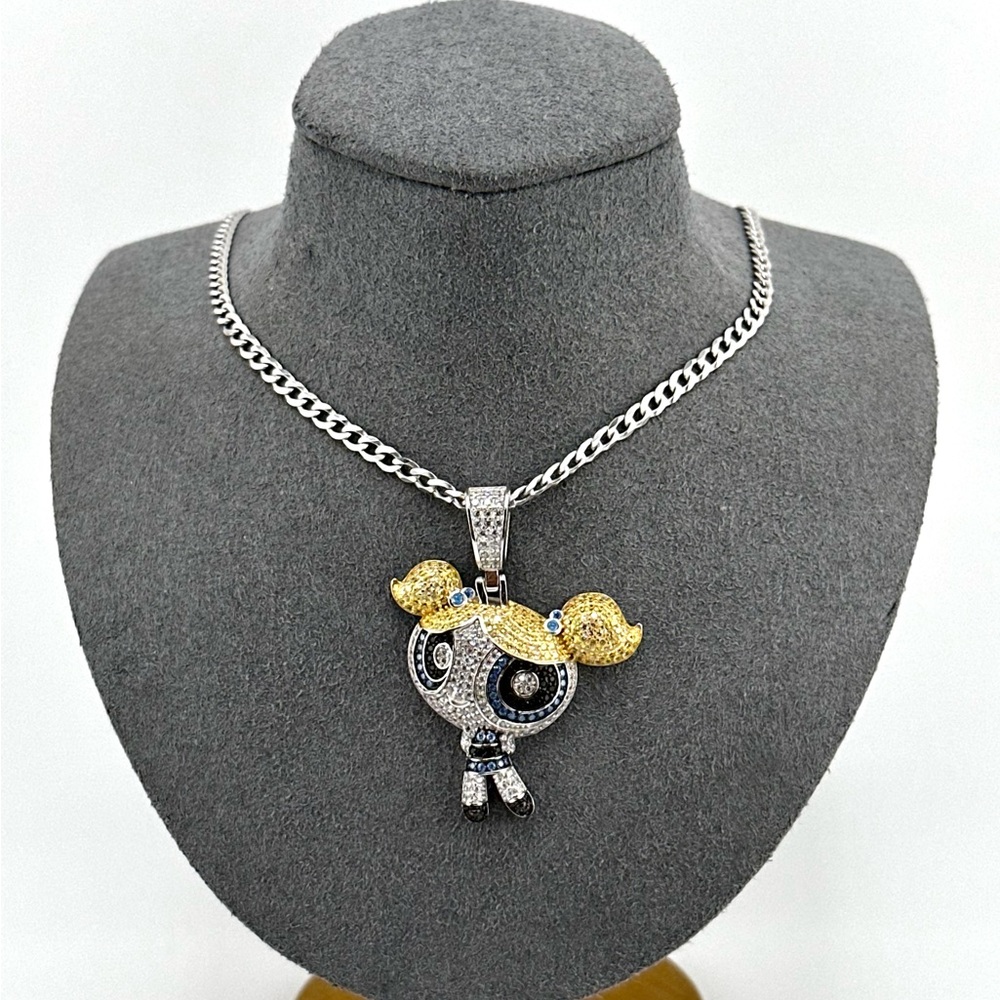 Iced Out 925 Sterling Silver 3D PowerPuff Girls Bubbles Necklace